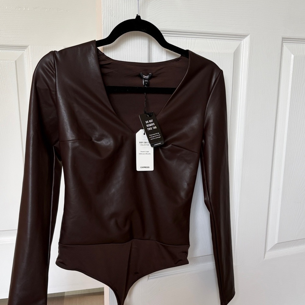 Brown Faux Leather Long Sleeve Bodysuit